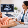 Pregnant woman getting an ultrasound scan to check baby’s growth and health