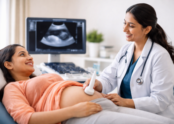 Pregnant woman getting an ultrasound scan to check baby’s growth and health