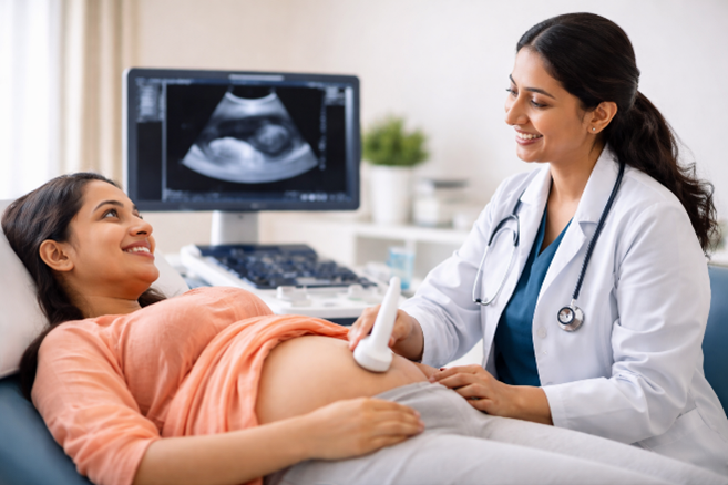 Pregnant woman getting an ultrasound scan to check baby’s growth and health