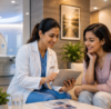 Radiologist explaining fasting instructions to a patient before an abdominal ultrasound scan to ensure accurate diagnostic imaging results.