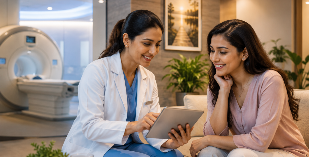 Radiologist explaining fasting instructions to a patient before an abdominal ultrasound scan to ensure accurate diagnostic imaging results.
