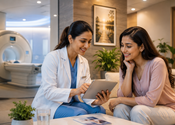 Radiologist explaining fasting instructions to a patient before an abdominal ultrasound scan to ensure accurate diagnostic imaging results.