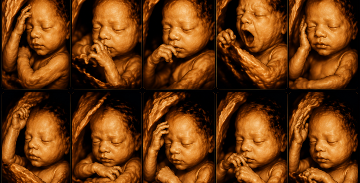 Pregnant woman in her third trimester undergoing a fetal growth scan with Doppler ultrasound while reviewing her baby's development. The image highlights the importance of serial growth monitoring, placental assessment, and fetal well-being evaluation during late pregnancy.