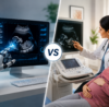 Radiologist carefully reviewing diagnostic imaging while consulting a patient, highlighting the role of human expertise alongside advanced imaging technology. The image emphasizes the importance of clinical judgment, personalized interpretation, and experienced radiological assessment beyond automated reporting systems.