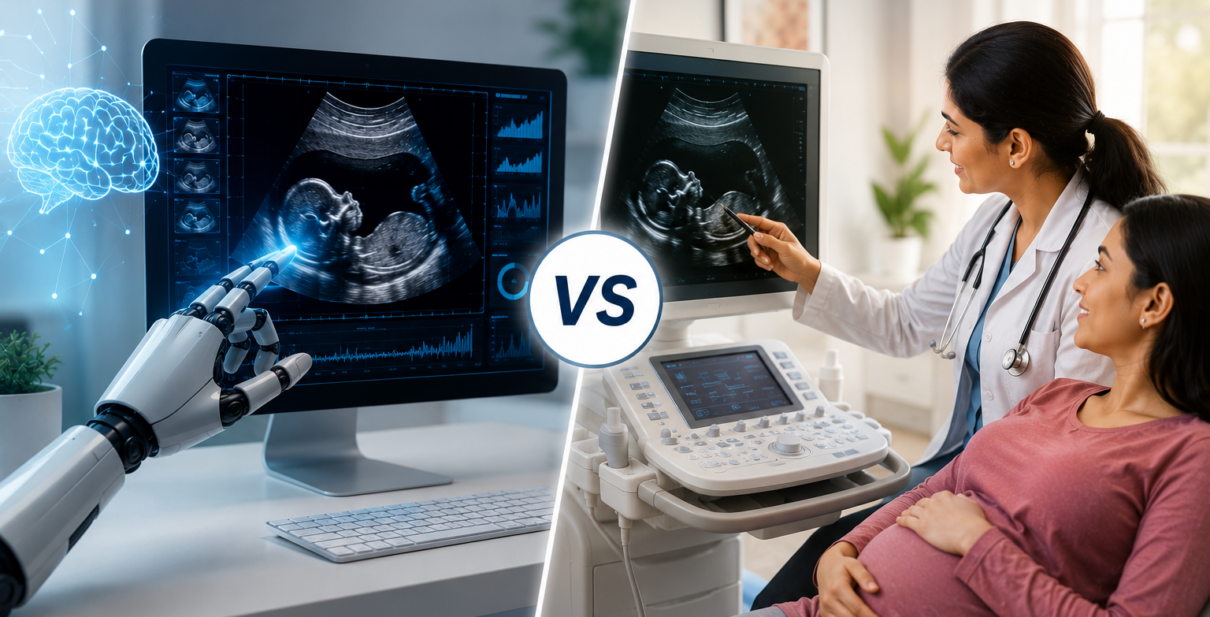 Radiologist carefully reviewing diagnostic imaging while consulting a patient, highlighting the role of human expertise alongside advanced imaging technology. The image emphasizes the importance of clinical judgment, personalized interpretation, and experienced radiological assessment beyond automated reporting systems.