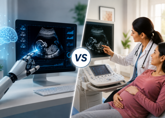 Radiologist carefully reviewing diagnostic imaging while consulting a patient, highlighting the role of human expertise alongside advanced imaging technology. The image emphasizes the importance of clinical judgment, personalized interpretation, and experienced radiological assessment beyond automated reporting systems.
