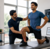 Young football athlete undergoing musculoskeletal ultrasound and sports injury assessment for persistent knee pain. The image highlights advanced sports diagnostics, ligament evaluation, tendon mapping, and injury prevention using MSK ultrasound, Digital X-ray, and Color Doppler imaging.