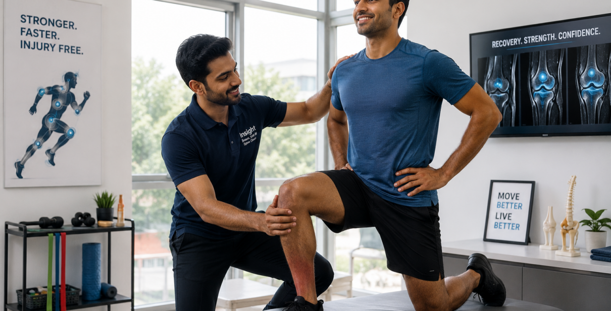 Young football athlete undergoing musculoskeletal ultrasound and sports injury assessment for persistent knee pain. The image highlights advanced sports diagnostics, ligament evaluation, tendon mapping, and injury prevention using MSK ultrasound, Digital X-ray, and Color Doppler imaging.