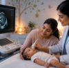 Mother gently holding her infant while a pediatric neurosonography ultrasound is performed through the baby's soft spot (fontanelle). The image highlights early detection of brain pressure, hydrocephalus, intracranial abnormalities, and neurological conditions using safe, radiation-free infant brain imaging.