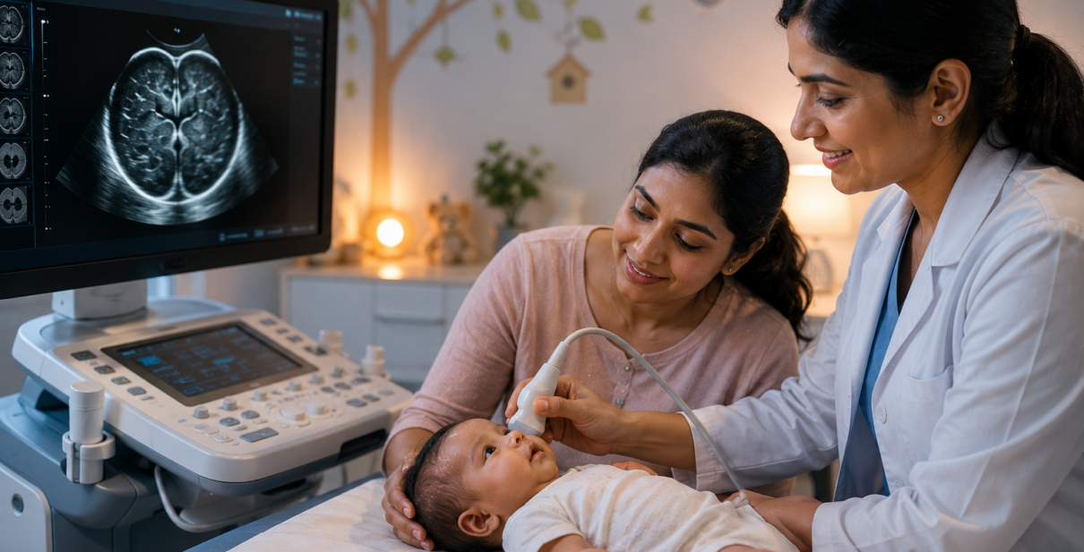 Mother gently holding her infant while a pediatric neurosonography ultrasound is performed through the baby's soft spot (fontanelle). The image highlights early detection of brain pressure, hydrocephalus, intracranial abnormalities, and neurological conditions using safe, radiation-free infant brain imaging.