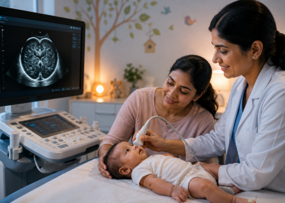 Mother gently holding her infant while a pediatric neurosonography ultrasound is performed through the baby's soft spot (fontanelle). The image highlights early detection of brain pressure, hydrocephalus, intracranial abnormalities, and neurological conditions using safe, radiation-free infant brain imaging.