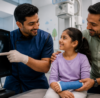 Young child undergoing a low-dose digital X-ray examination while a parent provides reassurance nearby. The image highlights pediatric imaging safety, fracture detection, radiation reduction, and advanced digital radiography technology designed for children.