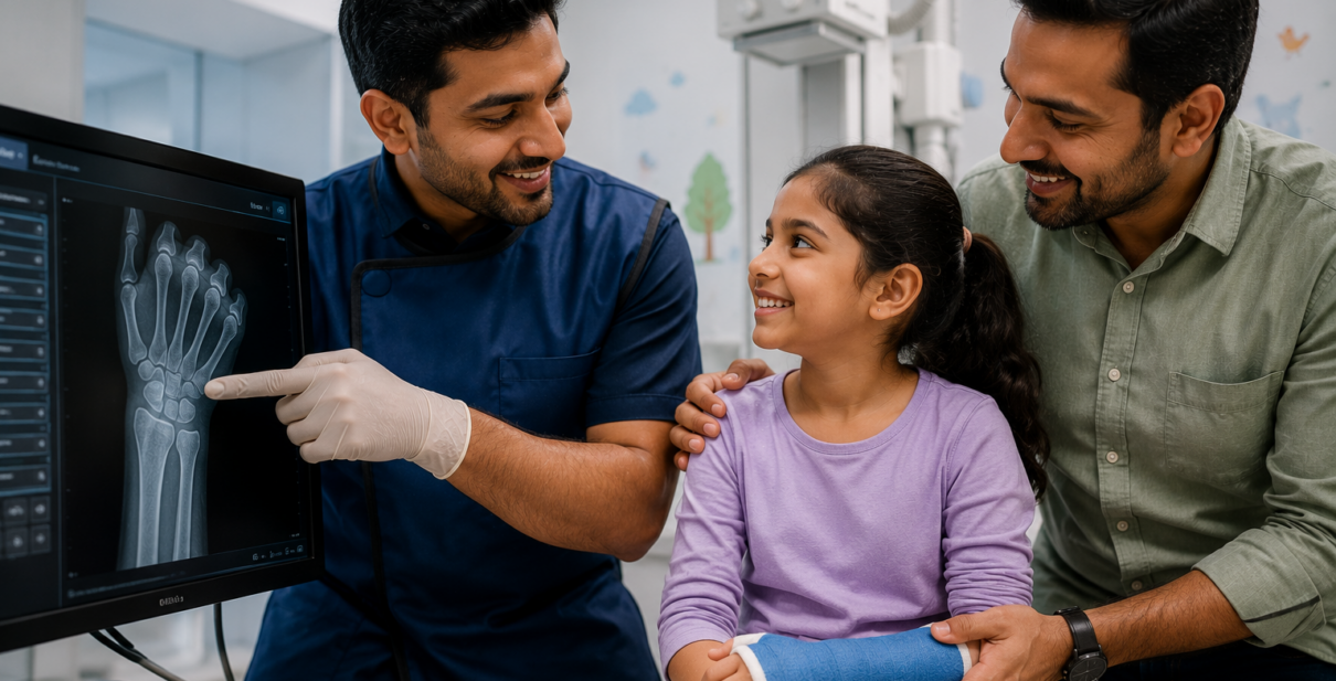 Young child undergoing a low-dose digital X-ray examination while a parent provides reassurance nearby. The image highlights pediatric imaging safety, fracture detection, radiation reduction, and advanced digital radiography technology designed for children.