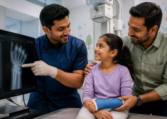 Young child undergoing a low-dose digital X-ray examination while a parent provides reassurance nearby. The image highlights pediatric imaging safety, fracture detection, radiation reduction, and advanced digital radiography technology designed for children.