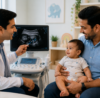 A concerned father holds his infant son during a pediatric ultrasound examination while a radiologist performs a high-resolution scrotal sonography scan. The ultrasound monitor displays diagnostic imaging used to locate an undescended testis and assess blood flow, highlighting the importance of early detection for future fertility and reproductive health.