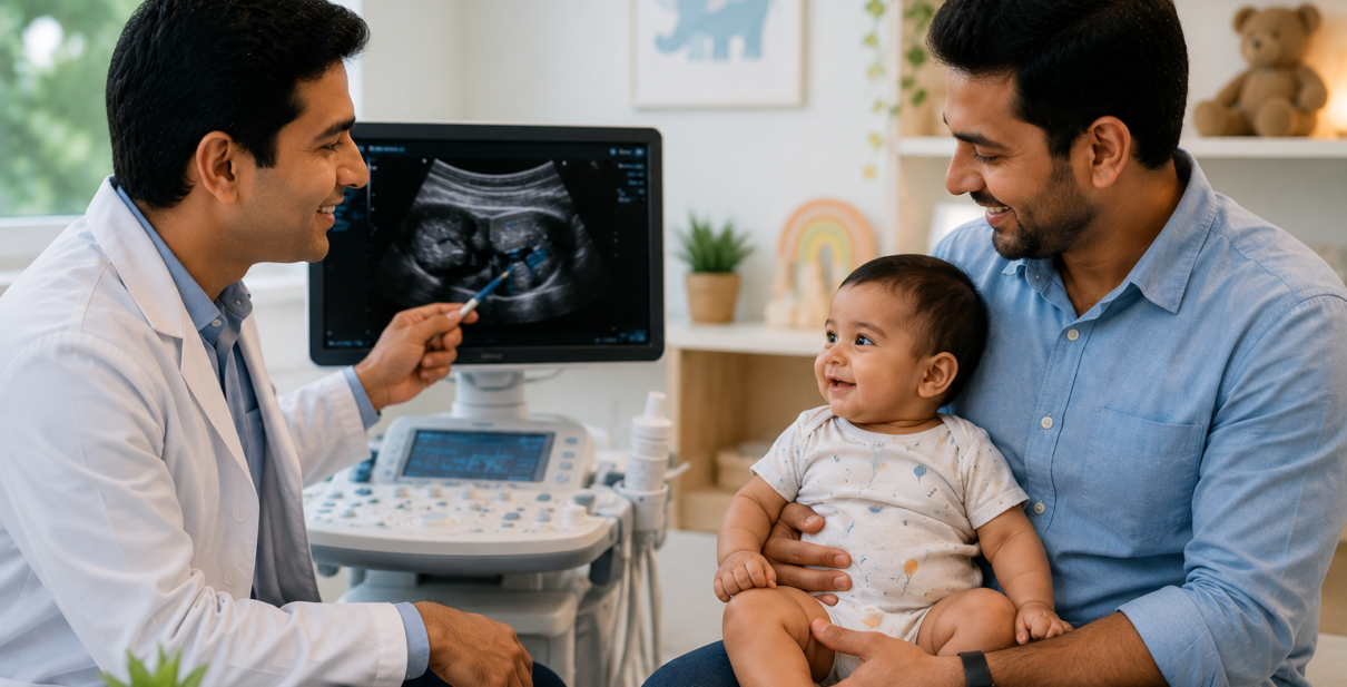 A concerned father holds his infant son during a pediatric ultrasound examination while a radiologist performs a high-resolution scrotal sonography scan. The ultrasound monitor displays diagnostic imaging used to locate an undescended testis and assess blood flow, highlighting the importance of early detection for future fertility and reproductive health.