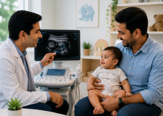 A concerned father holds his infant son during a pediatric ultrasound examination while a radiologist performs a high-resolution scrotal sonography scan. The ultrasound monitor displays diagnostic imaging used to locate an undescended testis and assess blood flow, highlighting the importance of early detection for future fertility and reproductive health.