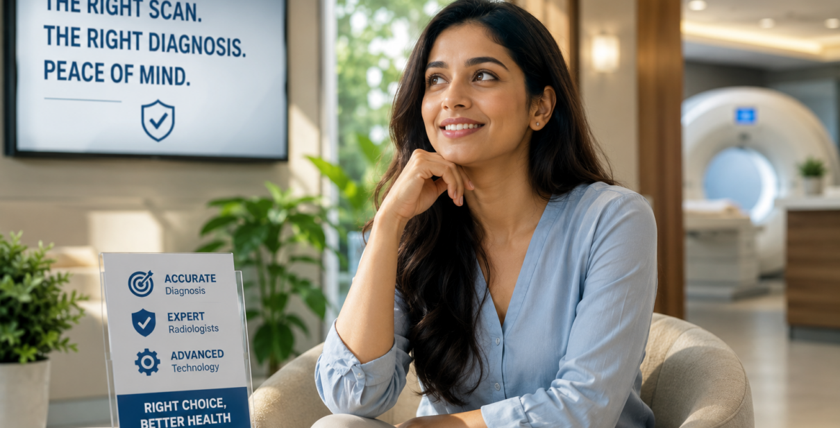 Patient comparing diagnostic scan prices online while worrying about choosing between a low-cost scan and an expert radiology examination in Pune.