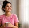 Young woman performing a breast self-examination at home before consulting a radiologist for a breast ultrasound scan. The image highlights the importance of early breast cancer awareness, sonomammography, and breast health screening for women in their 20s.
