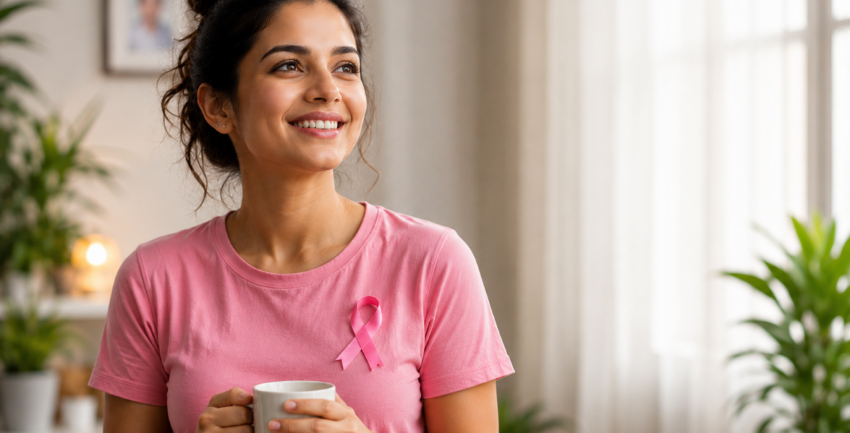Young woman performing a breast self-examination at home before consulting a radiologist for a breast ultrasound scan. The image highlights the importance of early breast cancer awareness, sonomammography, and breast health screening for women in their 20s.