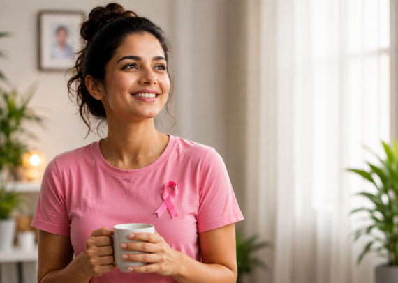 Young woman performing a breast self-examination at home before consulting a radiologist for a breast ultrasound scan. The image highlights the importance of early breast cancer awareness, sonomammography, and breast health screening for women in their 20s.