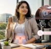 A professional woman experiencing mild abdominal bloating and pelvic discomfort while working in an office, later consulting a radiologist for a pelvic ultrasound scan. The image highlights the importance of early detection of ovarian cysts, uterine fibroids, and pelvic health conditions before symptoms become painful.