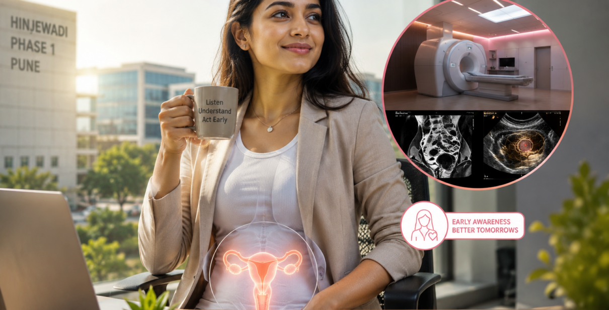 A professional woman experiencing mild abdominal bloating and pelvic discomfort while working in an office, later consulting a radiologist for a pelvic ultrasound scan. The image highlights the importance of early detection of ovarian cysts, uterine fibroids, and pelvic health conditions before symptoms become painful.