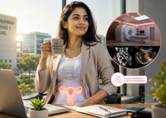 A professional woman experiencing mild abdominal bloating and pelvic discomfort while working in an office, later consulting a radiologist for a pelvic ultrasound scan. The image highlights the importance of early detection of ovarian cysts, uterine fibroids, and pelvic health conditions before symptoms become painful.