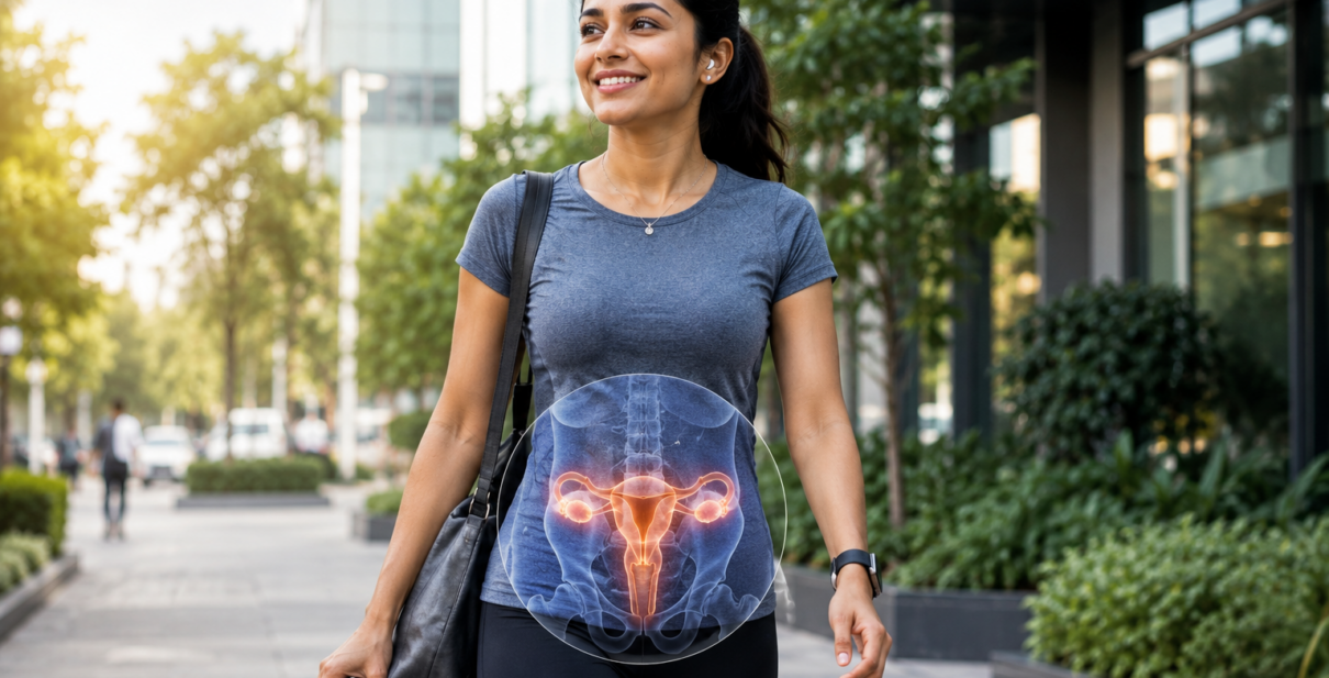 Young woman experiencing severe menstrual pain while holding a hot water bag at her office desk, later undergoing a pelvic ultrasound examination for Endometriosis diagnosis. The image highlights the importance of early detection of Endometriosis through advanced pelvic sonography and specialized women's health imaging.