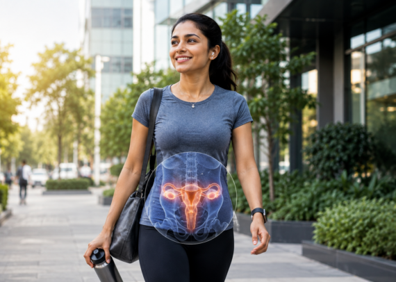 Young woman experiencing severe menstrual pain while holding a hot water bag at her office desk, later undergoing a pelvic ultrasound examination for Endometriosis diagnosis. The image highlights the importance of early detection of Endometriosis through advanced pelvic sonography and specialized women's health imaging.