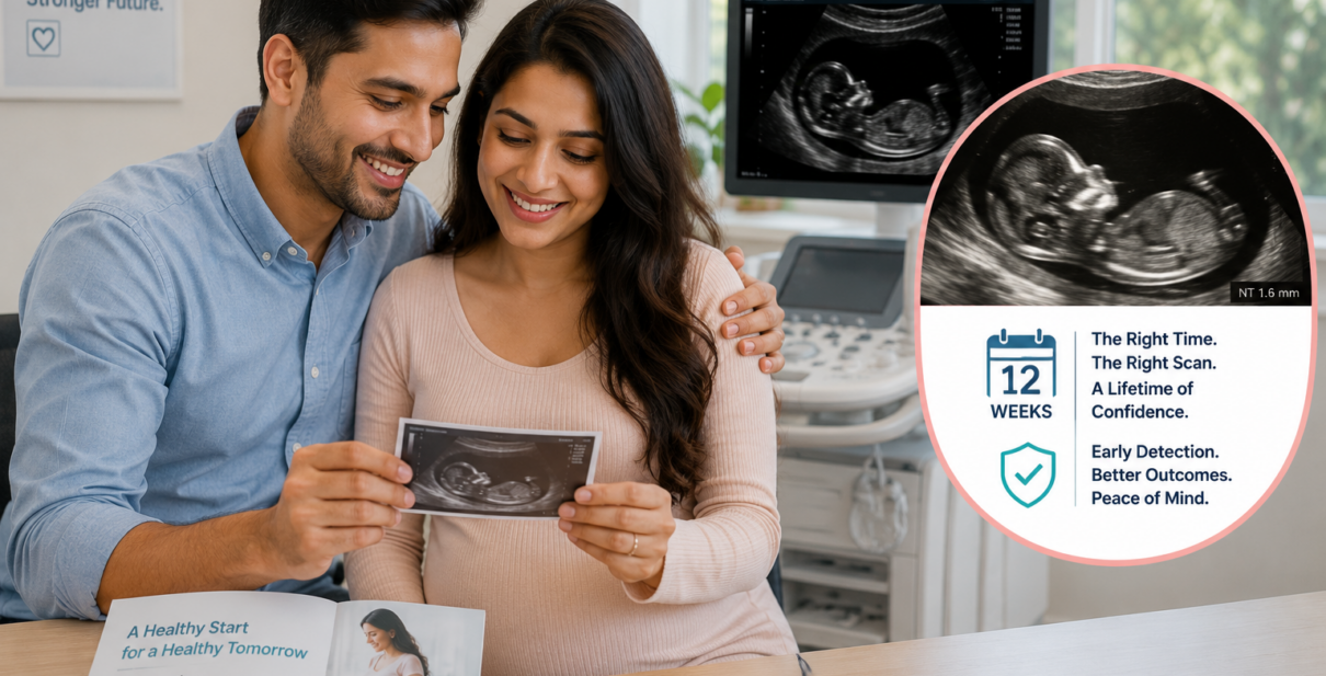 Pregnant woman reviewing her pregnancy calendar while preparing for a 12-week NT scan appointment. The image highlights the importance of Nuchal Translucency screening, early fetal assessment, and chromosomal risk detection during the first trimester of pregnancy.