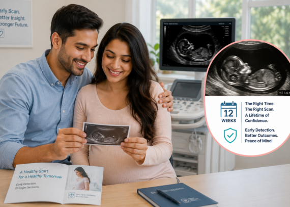 Pregnant woman reviewing her pregnancy calendar while preparing for a 12-week NT scan appointment. The image highlights the importance of Nuchal Translucency screening, early fetal assessment, and chromosomal risk detection during the first trimester of pregnancy.