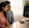 Pregnant woman sitting on her bed looking concerned after noticing early pregnancy spotting, later undergoing an obstetric ultrasound scan. The image highlights the importance of immediate evaluation of first-trimester bleeding through ultrasound and Doppler imaging to ensure pregnancy health and safety.
