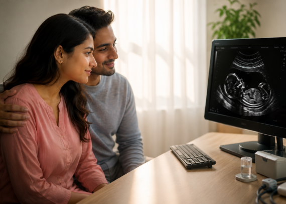 Pregnant woman sitting on her bed looking concerned after noticing early pregnancy spotting, later undergoing an obstetric ultrasound scan. The image highlights the importance of immediate evaluation of first-trimester bleeding through ultrasound and Doppler imaging to ensure pregnancy health and safety.