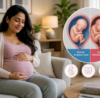 Pregnant woman in her third trimester reviewing her pregnancy progress while undergoing an obstetric ultrasound scan to assess amniotic fluid levels. The image highlights the importance of monitoring amniotic fluid, fetal growth, and fetal well-being through AFI mapping and Doppler studies during pregnancy.
