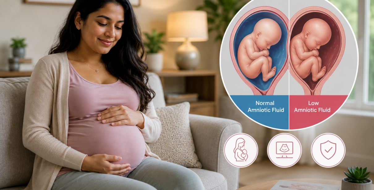 Pregnant woman in her third trimester reviewing her pregnancy progress while undergoing an obstetric ultrasound scan to assess amniotic fluid levels. The image highlights the importance of monitoring amniotic fluid, fetal growth, and fetal well-being through AFI mapping and Doppler studies during pregnancy.