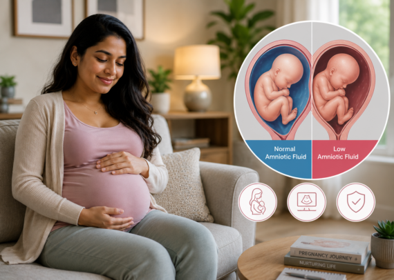 Pregnant woman in her third trimester reviewing her pregnancy progress while undergoing an obstetric ultrasound scan to assess amniotic fluid levels. The image highlights the importance of monitoring amniotic fluid, fetal growth, and fetal well-being through AFI mapping and Doppler studies during pregnancy.